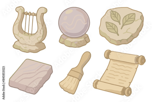 Fossil Music Workshop. Isometric vector illustration set of Fossil Orchestra Workshop: petrified harp fragment, sound analysis orb