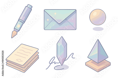 Multiverse Writer's Kit. Isometric vector illustration set of Multiverse Writer’s Kit: quantum pen core, folded holographic letter
