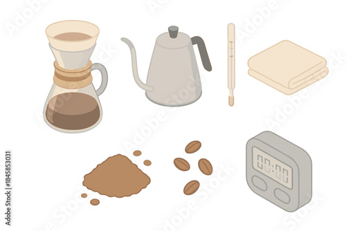 Craft Brewing Tools. Isometric vector illustration set of Craft Brewing Elements: glass bloom vessel, metal gooseneck kettle,