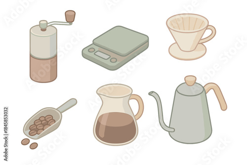 Artisan Coffee Tools. Isometric vector illustration set of Artisan Coffee Tools: manual grinder, scale with timer, pour-over