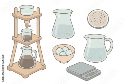 Artisan Elixir Tools. Isometric vector illustration set of Artisan Elixir Tools: cold brew dripper tower, glass container, metal