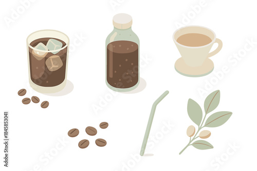 Cold Brew Essentials. Isometric vector illustration set Cold Brew Elixir: glass of cold brew with ice cubes, coffee beans