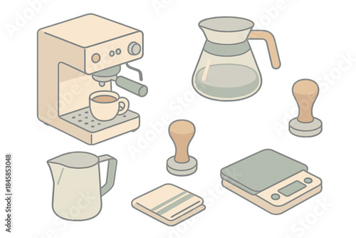 Coffee Shop Essentials. Isometric vector illustration set Coffee Shop Tools: espresso machine, glass carafe, tamper, milk jug,