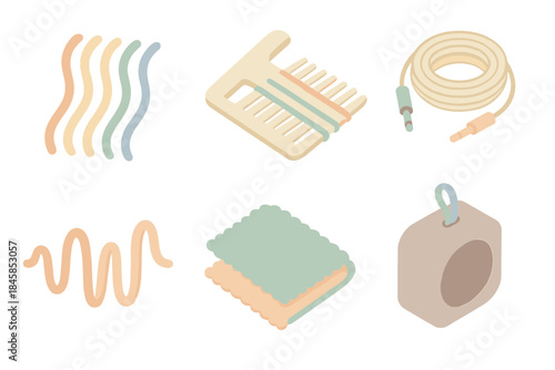 Musical Fiber Workshop. Isometric vector illustration set Musical Fiber Workshop: colorful sound threads, weaving comb, audio