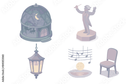 Nocturnal Symphony Hall. Isometric vector illustration set Nocturnal Symphony Hall: glass dome concert hall, spectral conductor