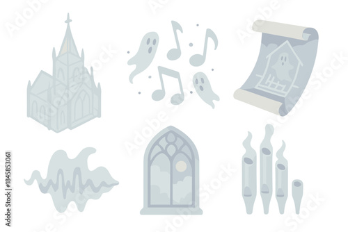 Architectural Ghost Symphony. Isometric vector illustration set Architectural Ghost Symphony: transparent cathedral model,