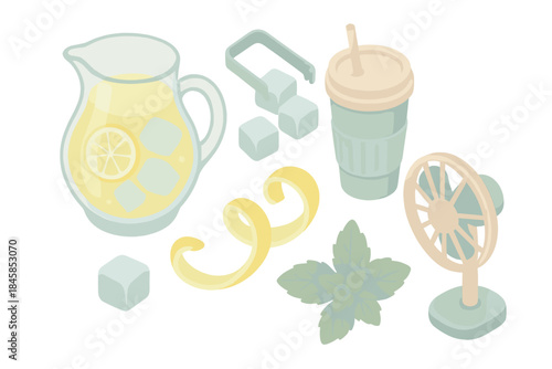 Summer Refresh Station. Isometric vector illustration set Summer Refresh Station: jug of lemonade, ice tongs, reusable cup, lemon