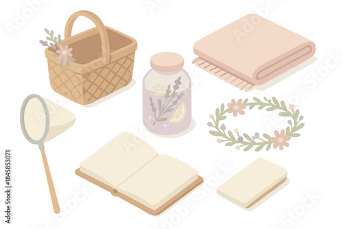 Pastel Picnic Icons. Isometric vector illustration set Pastel Flora Picnic: handwoven basket, soft blanket, lavender lemonade jar,
