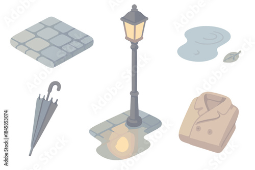 Rainy Lantern Evening. Isometric vector illustration set Rainy Lantern Evening: wet cobblestones, umbrella leaning on post,