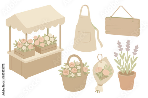 Countryside Flower Market Icons. Isometric vector illustration set Countryside Flower Market: vendor canopy, basket of fresh