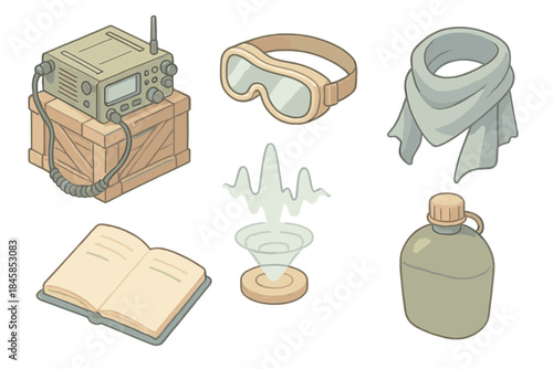 Nomadic Signal Camp Icons. Isometric vector illustration set Nomadic Signal Camp: portable radio on crate, sand goggles, scarf,