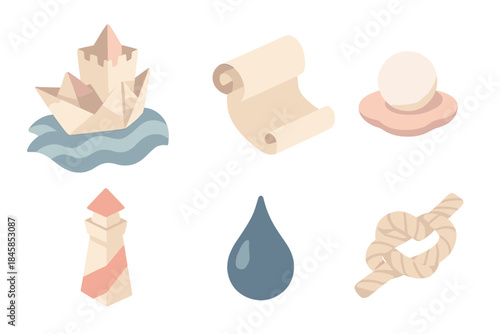 Coastal Origami Icons. Isometric vector illustration set Coastal Imagination Archive: origami fortress on wave base, rolled