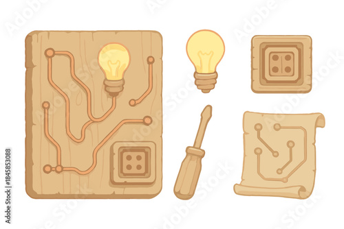 Rustic Circuit Board Icons. Isometric vector illustration set Rustic Circuit Board: wooden circuit board plate, copper wire
