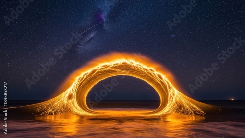 Fototapeta Naklejka Na Ścianę i Meble -  An incredible sight of a bright orange wave forming a perfect arch beneath the milky way