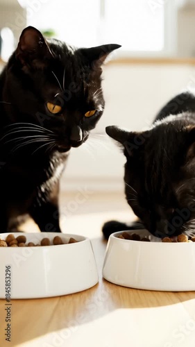 Two Black Cats Eating Dry Food From White Bowls