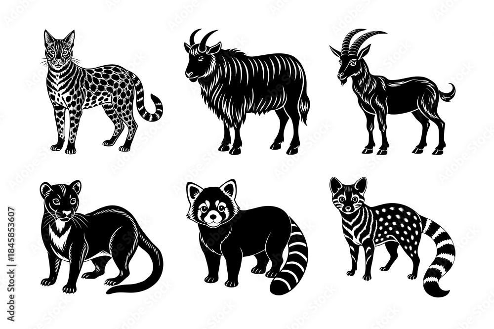 Naklejka premium A black vector set collection of wild animal and domestic pet silhouettes including dog, cat, horse, tiger, elephant, and deer mammal shapes for illustration
