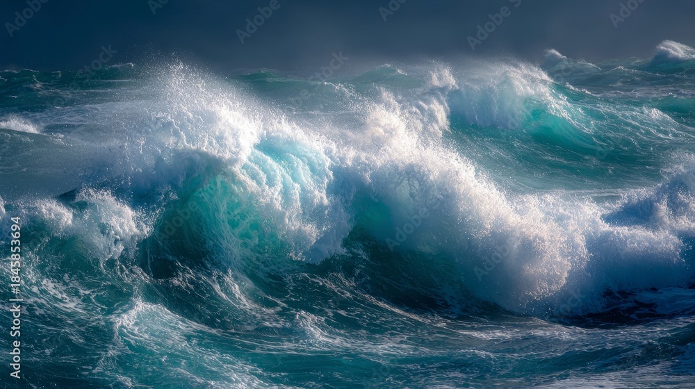 Obraz premium A dramatic ocean scene capturing a wave cresting, showing its power and the interplay of light and water. Dramatic skies