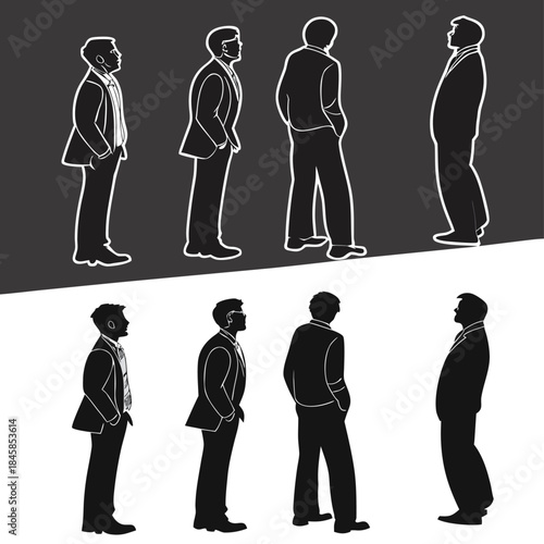 Silhouettes of men in suits, various poses and perspectives.