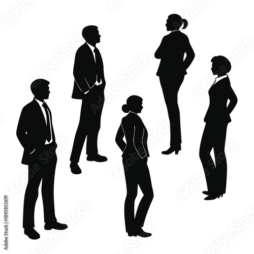 Silhouettes of five professionals standing together on a white background.