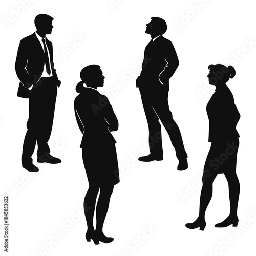 Silhouettes of four professionals in business attire discussing ideas.