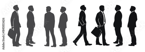 Silhouettes of people in business attire walking with briefcases.