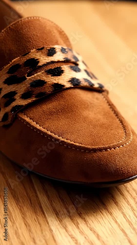 Close Up View of a Brown Suede Loafer With Animal Print, Macro