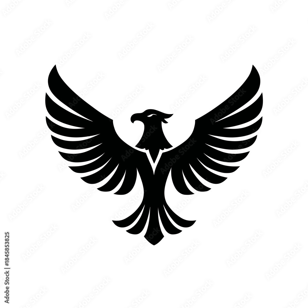 Obraz premium Black eagle silhouette with outstretched wings on white background