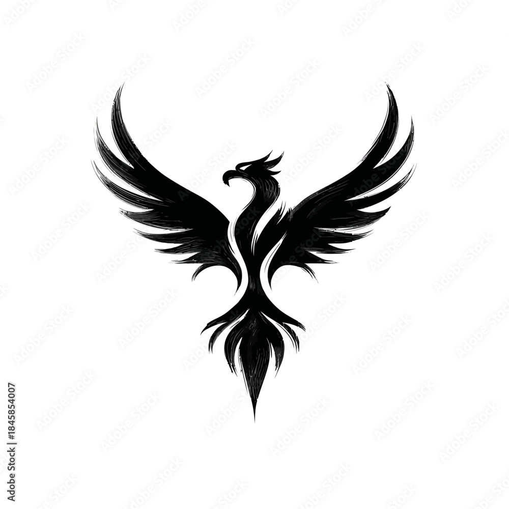 Fototapeta premium Black phoenix soaring artistic illustration of a mythical bird on white background