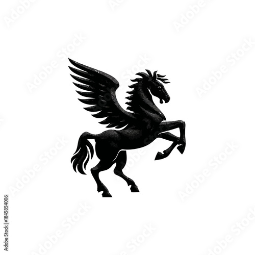 Black pegasus silhouette with wings up on white background for design