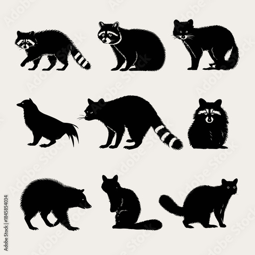 Black raccoon silhouettes set on light background for design elements
