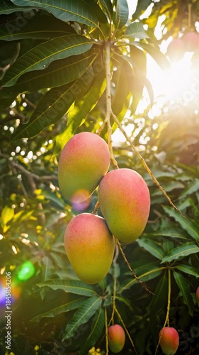 Close Up of Ripe Mangoes Hanging on Tree Branch in Sunlight