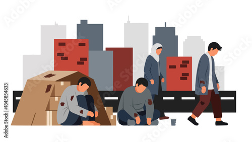 Illustration of poverty in an urban neighborhood showing daily struggle and resilience, modern flat vector style, ideal for social awareness, education, and nonprofit campaigns