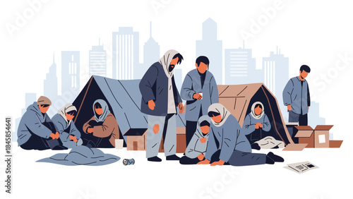 Illustration of poverty in an urban neighborhood showing daily struggle and resilience, modern flat vector style, ideal for social awareness, education, and nonprofit campaigns