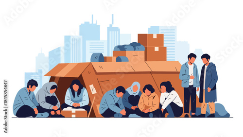 Illustration of poverty in an urban neighborhood showing daily struggle and resilience, modern flat vector style, ideal for social awareness, education, and nonprofit campaigns