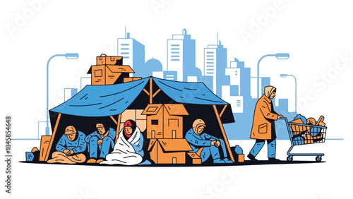 Illustration of poverty in an urban neighborhood showing daily struggle and resilience, modern flat vector style, ideal for social awareness, education, and nonprofit campaigns