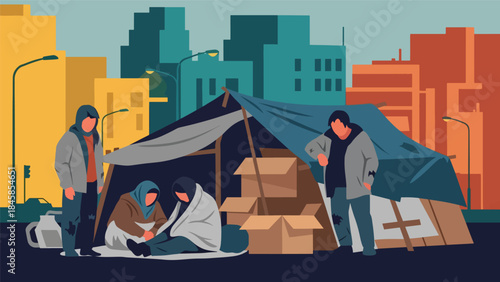 Illustration of poverty in an urban neighborhood showing daily struggle and resilience, modern flat vector style, ideal for social awareness, education, and nonprofit campaigns