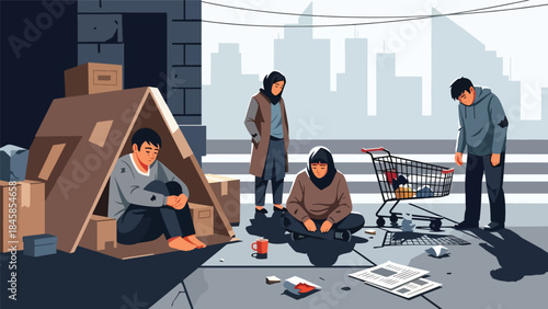 Illustration of poverty in an urban neighborhood showing daily struggle and resilience, modern flat vector style, ideal for social awareness, education, and nonprofit campaigns