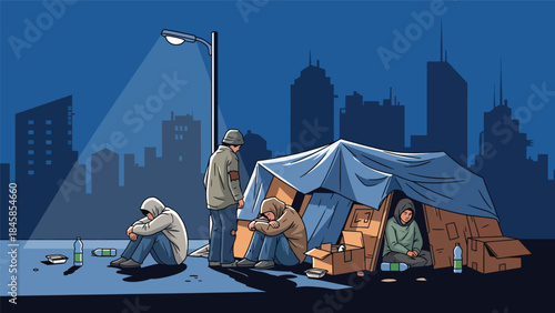 Illustration of poverty in an urban neighborhood showing daily struggle and resilience, modern flat vector style, ideal for social awareness, education, and nonprofit campaigns