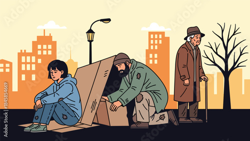 Illustration of poverty in an urban neighborhood showing daily struggle and resilience, modern flat vector style, ideal for social awareness, education, and nonprofit campaigns