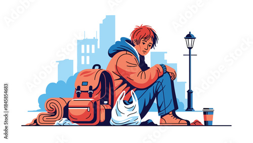 Homeless people living on city streets illustrated in modern flat vector style, highlighting social inequality, ideal for charity, social research, and awareness projects
