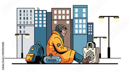 Homeless people living on city streets illustrated in modern flat vector style, highlighting social inequality, ideal for charity, social research, and awareness projects