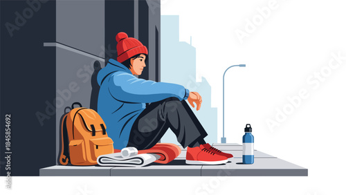 Homeless people living on city streets illustrated in modern flat vector style, highlighting social inequality, ideal for charity, social research, and awareness projects