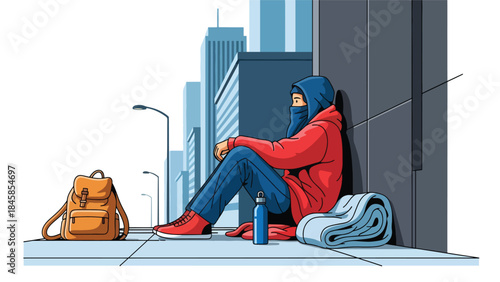 Homeless people living on city streets illustrated in modern flat vector style, highlighting social inequality, ideal for charity, social research, and awareness projects