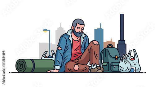Homeless people living on city streets illustrated in modern flat vector style, highlighting social inequality, ideal for charity, social research, and awareness projects