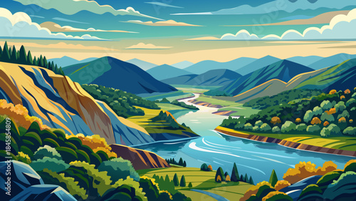 Very beautiful view of rolling mountains and the Potomac River at Harpers Ferry, West Virginia, peaceful water curves, layered hills, and harmonious natural scenery rendered in refined vector style.