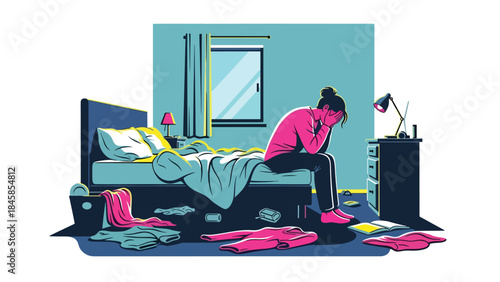Person feeling anxious alone in bedroom, modern flat vector illustration raising mental health awareness, ideal for healthcare, psychology, and social issue topics
