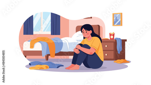 Person feeling anxious alone in bedroom, modern flat vector illustration raising mental health awareness, ideal for healthcare, psychology, and social issue topics
