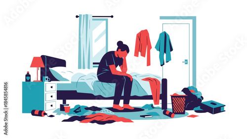 Person feeling anxious alone in bedroom, modern flat vector illustration raising mental health awareness, ideal for healthcare, psychology, and social issue topics