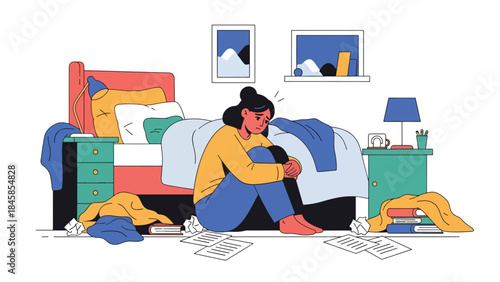 Person feeling anxious alone in bedroom, modern flat vector illustration raising mental health awareness, ideal for healthcare, psychology, and social issue topics