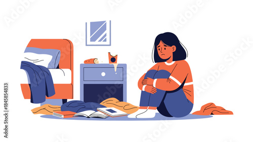 Person feeling anxious alone in bedroom, modern flat vector illustration raising mental health awareness, ideal for healthcare, psychology, and social issue topics